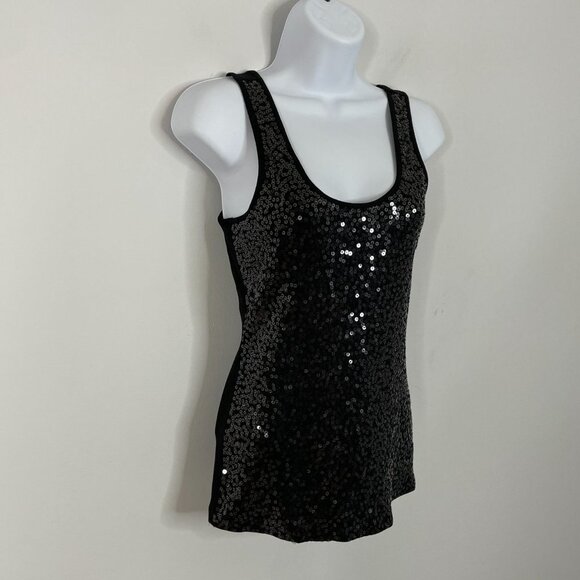 Express Womens Sequin Top Size Small Black Scoop Neck Fitted Tank Y2K - Picture 7 of 9